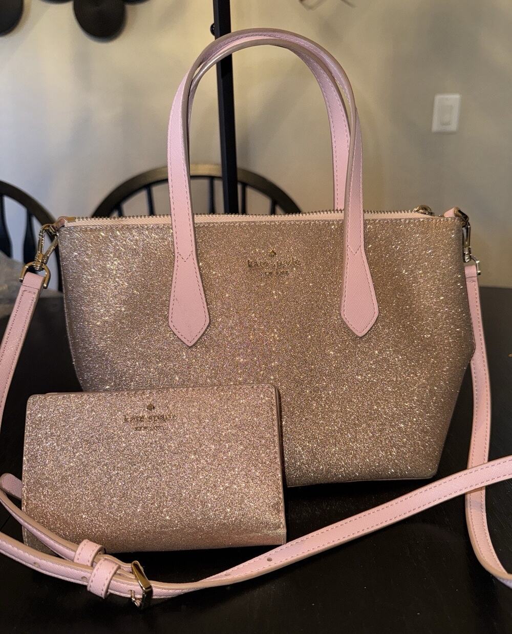 NWOT Kate Spade Rose Gold Glitter Joeley Small Satchel Bag & Matching Wallet